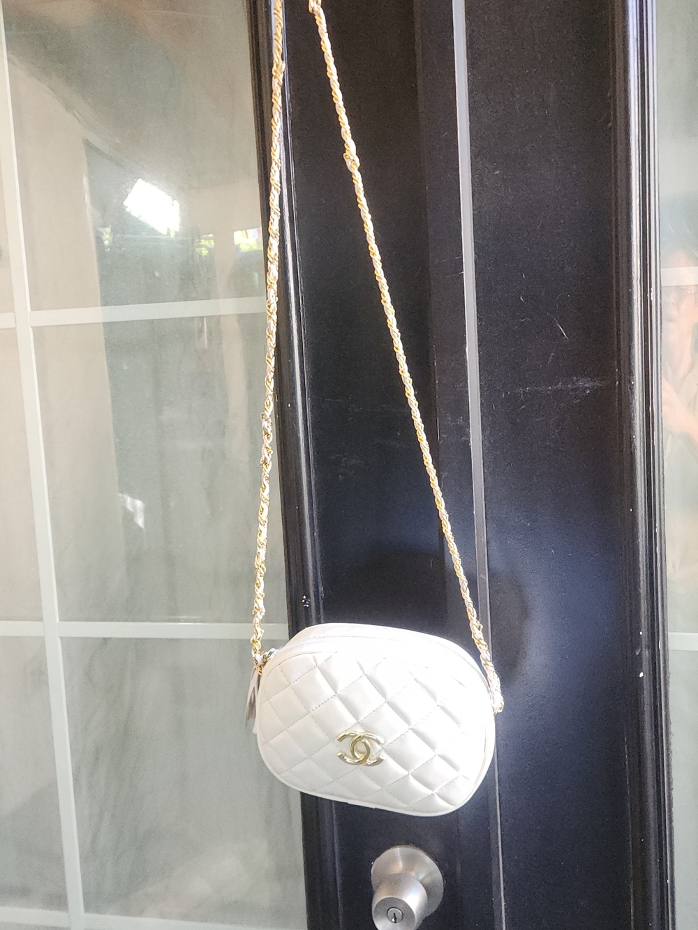 White Quilted Camera Bag with Gold Chain - Picture 8 of 10